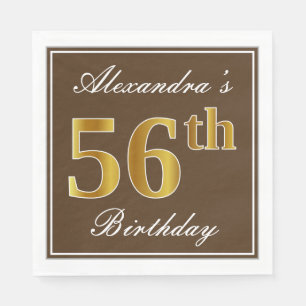Elegant Brown, Faux Gold 56th Birthday + Name Napkin