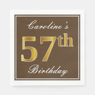Elegant Brown, Faux Gold 57th Birthday + Name Napkin