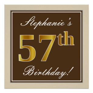 Elegant, Brown, Faux Gold 57th Birthday + Name Poster