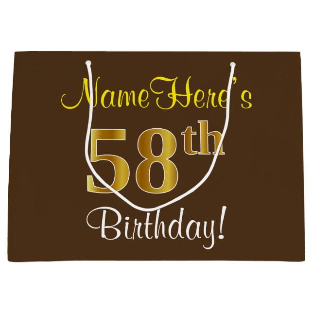 Elegant, Brown, Faux Gold 58th Birthday + Name Large Gift Bag (Front)