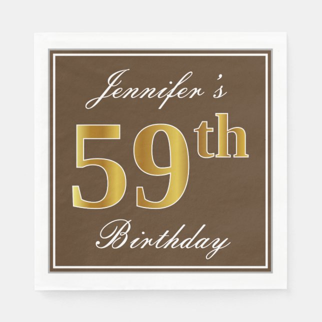 Elegant Brown, Faux Gold 59th Birthday + Name Napkin (Front)