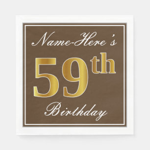 Elegant Brown, Faux Gold 59th Birthday + Name Napkin