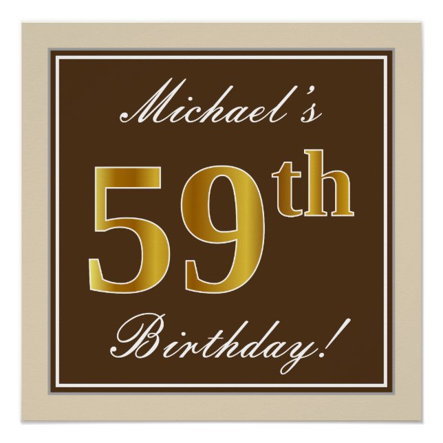 Elegant, Brown, Faux Gold 59th Birthday + Name Poster (Front)