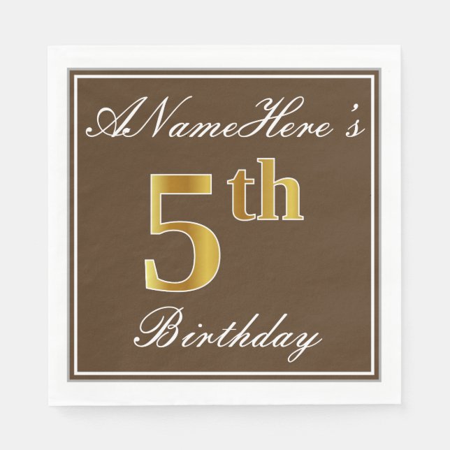 Elegant Brown, Faux Gold 5th Birthday; Custom Name Napkin (Front)