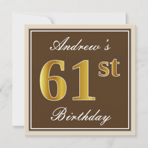 Elegant, Brown, Faux Gold 61st Birthday + Name Invitation