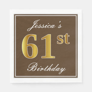 Elegant Brown, Faux Gold 61st Birthday + Name Napkin