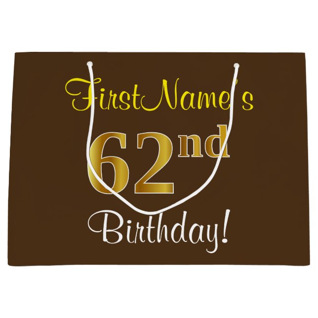 Elegant, Brown, Faux Gold 62nd Birthday + Name Large Gift Bag (Front)