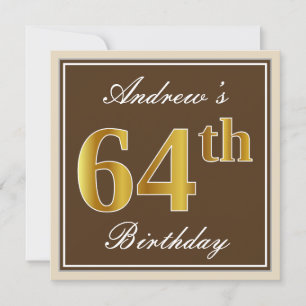 Elegant, Brown, Faux Gold 64th Birthday + Name Invitation