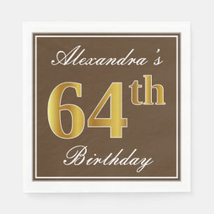 Elegant Brown, Faux Gold 64th Birthday + Name Napkin
