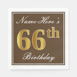 Elegant Brown, Faux Gold 66th Birthday + Name Napkin