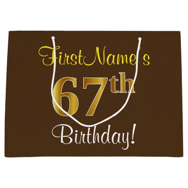 Elegant, Brown, Faux Gold 67th Birthday + Name Large Gift Bag (Front)