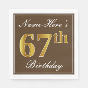 Elegant Brown, Faux Gold 67th Birthday + Name Napkin