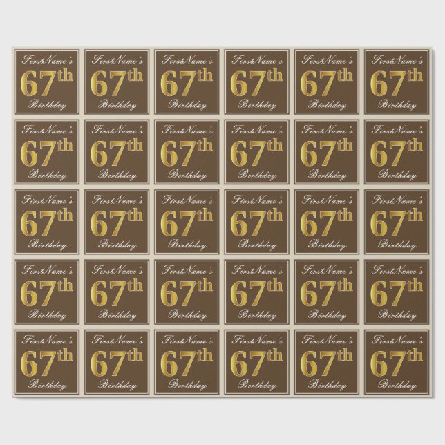 Elegant, Brown, Faux Gold 67th Birthday + Name Wrapping Paper (Flat)