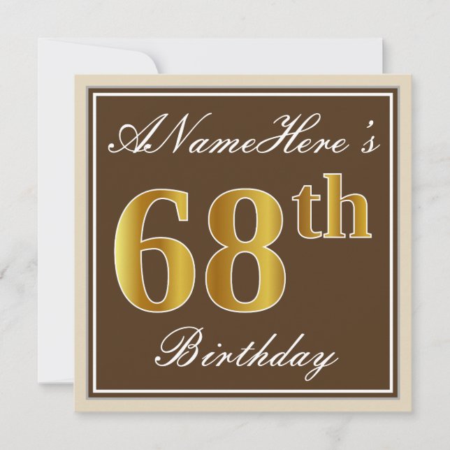 Elegant, Brown, Faux Gold 68th Birthday + Name Invitation (Front)