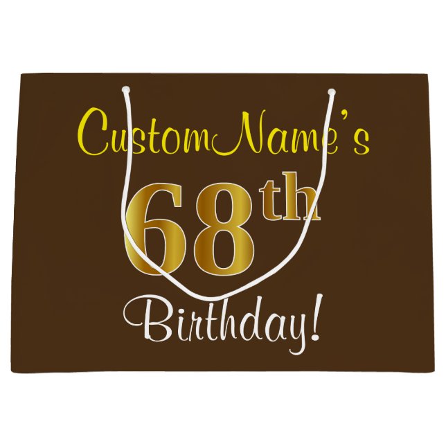 Elegant, Brown, Faux Gold 68th Birthday + Name Large Gift Bag (Front)