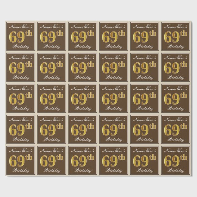 Elegant, Brown, Faux Gold 69th Birthday + Name Wrapping Paper (Flat)
