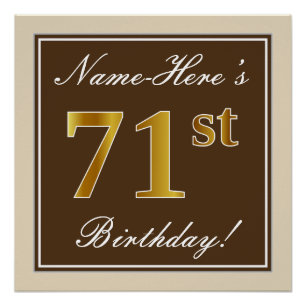 Elegant, Brown, Faux Gold 71st Birthday + Name Poster