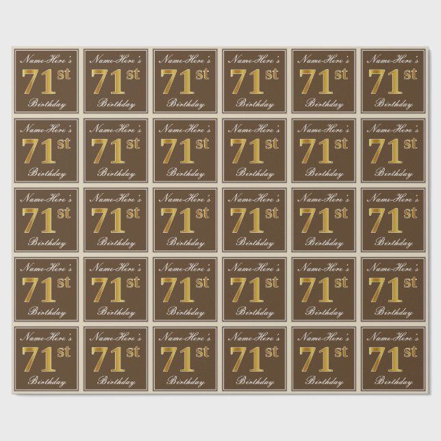 Elegant, Brown, Faux Gold 71st Birthday + Name Wrapping Paper (Flat)