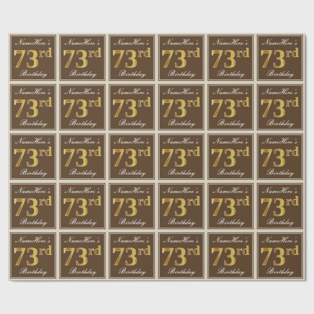 Elegant, Brown, Faux Gold 73rd Birthday + Name Wrapping Paper (Flat)