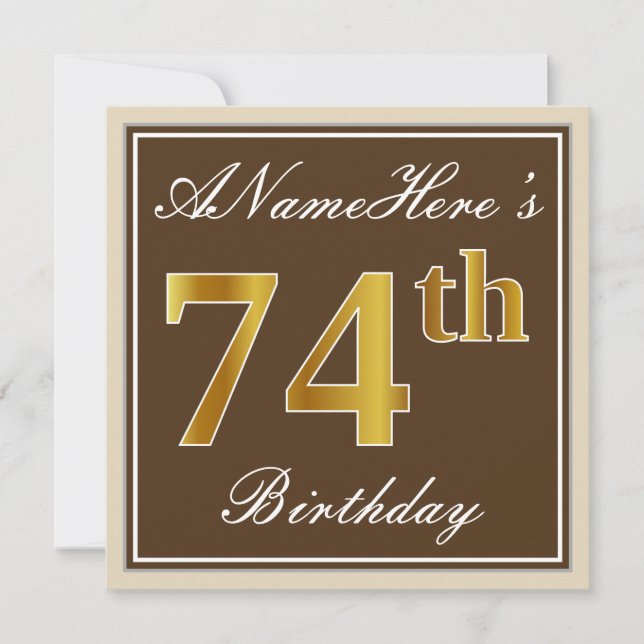Elegant, Brown, Faux Gold 74th Birthday + Name Invitation (Front)