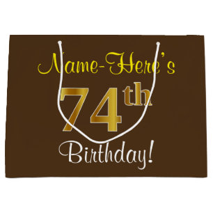 Elegant, Brown, Faux Gold 74th Birthday + Name Large Gift Bag