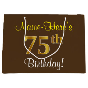 Elegant, Brown, Faux Gold 75th Birthday + Name Large Gift Bag