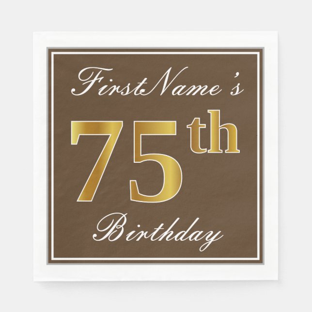 Elegant Brown, Faux Gold 75th Birthday + Name Napkin (Front)