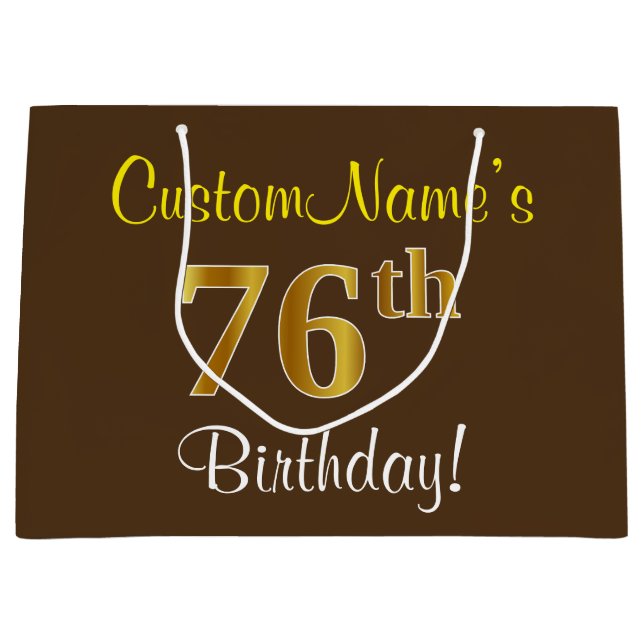 Elegant, Brown, Faux Gold 76th Birthday + Name Large Gift Bag (Front)