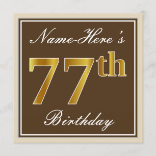 Elegant, Brown, Faux Gold 77th Birthday + Name Invitation