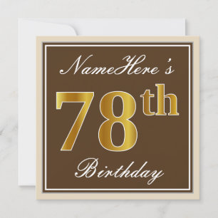 Elegant, Brown, Faux Gold 78th Birthday + Name Invitation