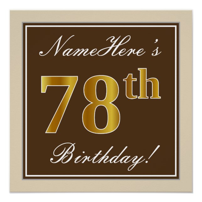 Elegant, Brown, Faux Gold 78th Birthday + Name Poster (Front)