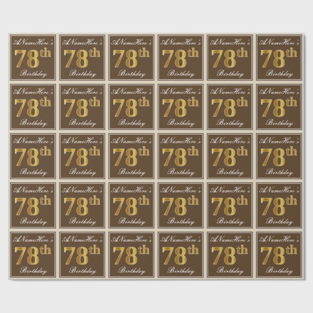 Elegant, Brown, Faux Gold 78th Birthday + Name Wrapping Paper (Flat)