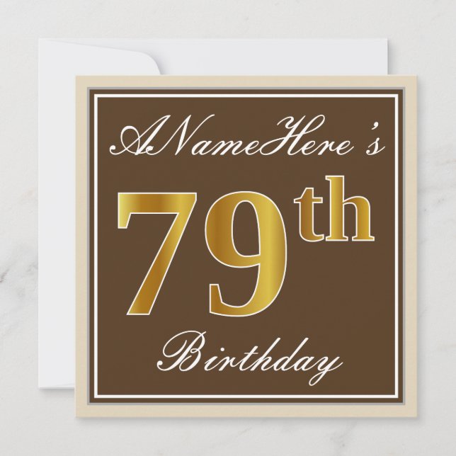 Elegant, Brown, Faux Gold 79th Birthday + Name Invitation (Front)