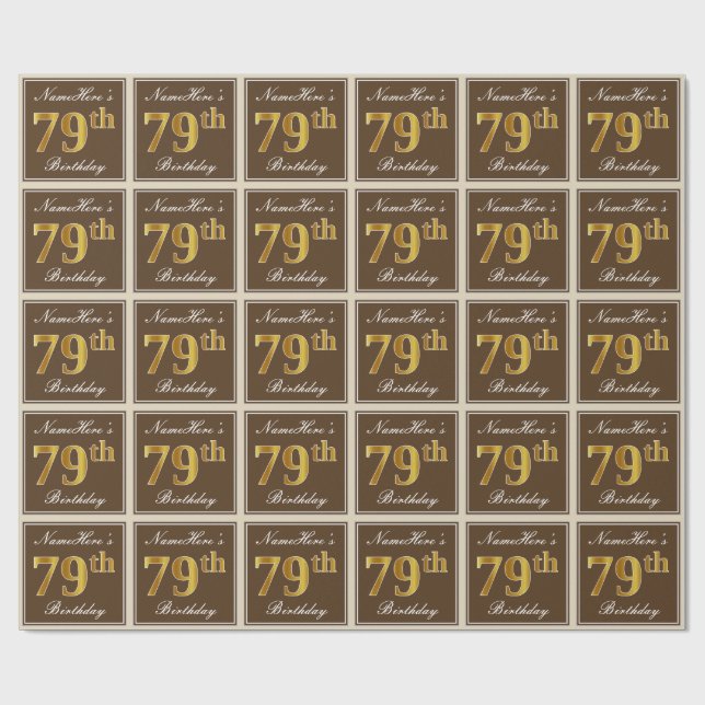 Elegant, Brown, Faux Gold 79th Birthday + Name Wrapping Paper (Flat)