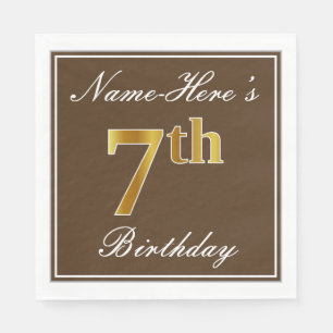 Elegant Brown, Faux Gold 7th Birthday; Custom Name Napkin