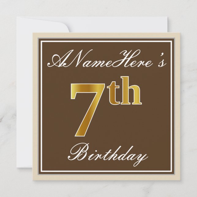 Elegant, Brown, Faux Gold 7th Birthday + Name Invitation (Front)