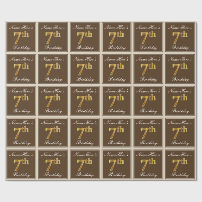 Elegant, Brown, Faux Gold 7th Birthday + Name Wrapping Paper (Flat)