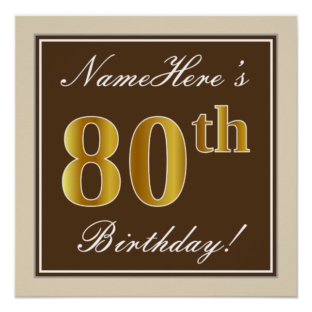 Elegant, Brown, Faux Gold 80th Birthday + Name Poster (Front)