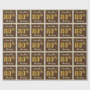 Elegant, Brown, Faux Gold 80th Birthday + Name Wrapping Paper