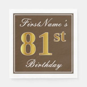 Elegant Brown, Faux Gold 81st Birthday + Name Napkin