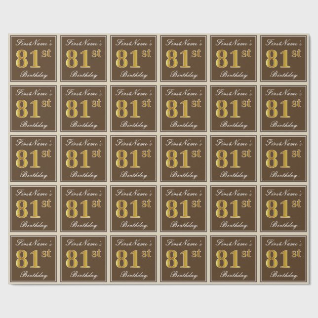 Elegant, Brown, Faux Gold 81st Birthday + Name Wrapping Paper (Flat)