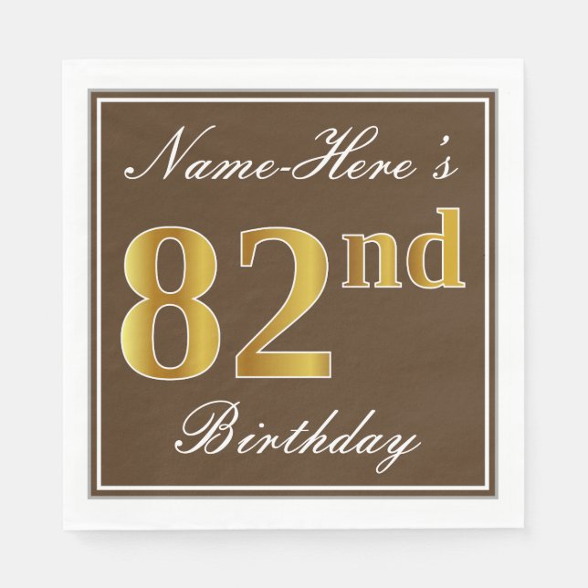 Elegant Brown, Faux Gold 82nd Birthday + Name Napkin (Front)