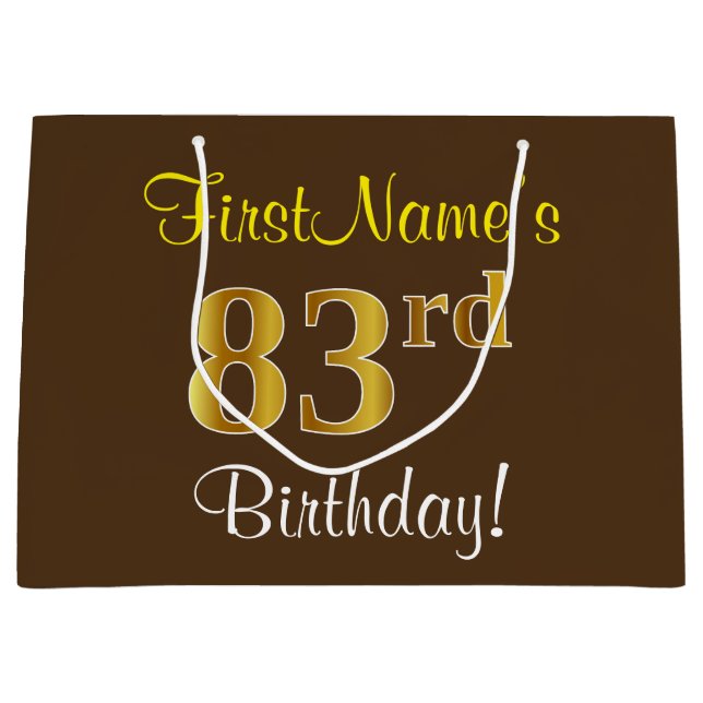 Elegant, Brown, Faux Gold 83rd Birthday + Name Large Gift Bag (Front)