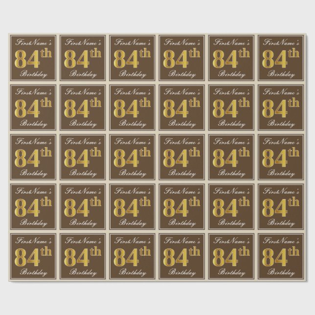Elegant, Brown, Faux Gold 84th Birthday + Name Wrapping Paper (Flat)