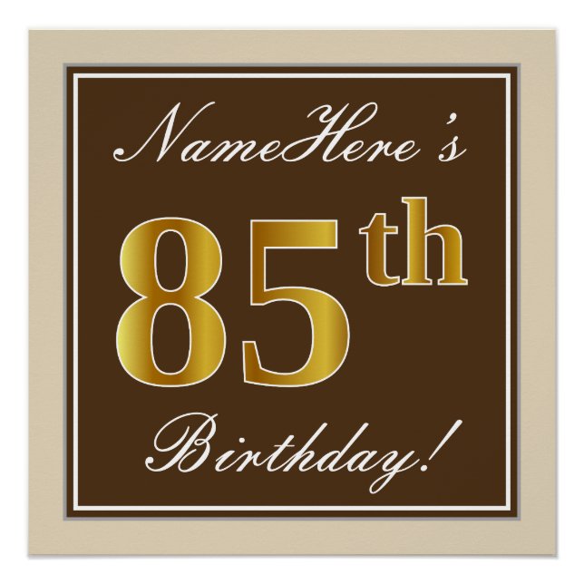 Elegant, Brown, Faux Gold 85th Birthday + Name Poster (Front)