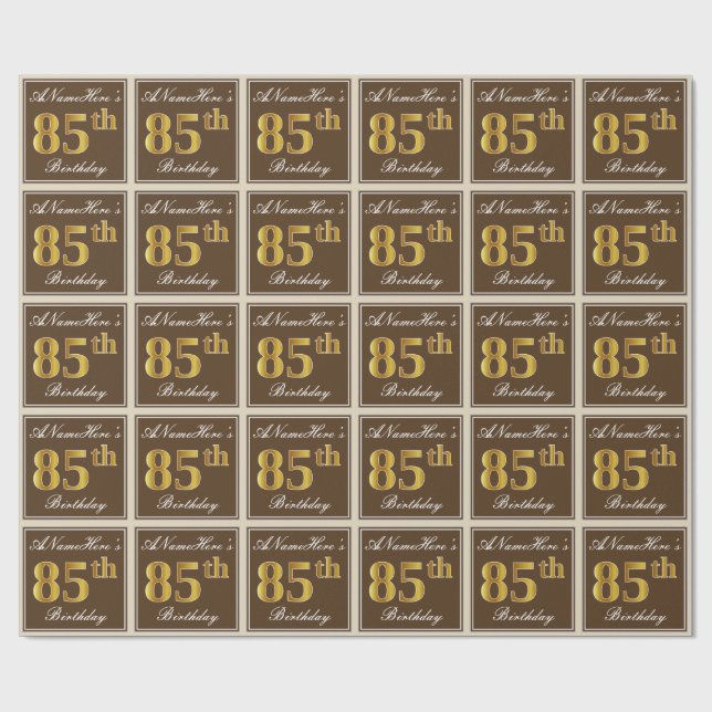 Elegant, Brown, Faux Gold 85th Birthday + Name Wrapping Paper (Flat)