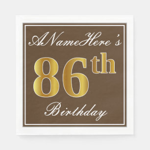 Elegant Brown, Faux Gold 86th Birthday + Name Napkin