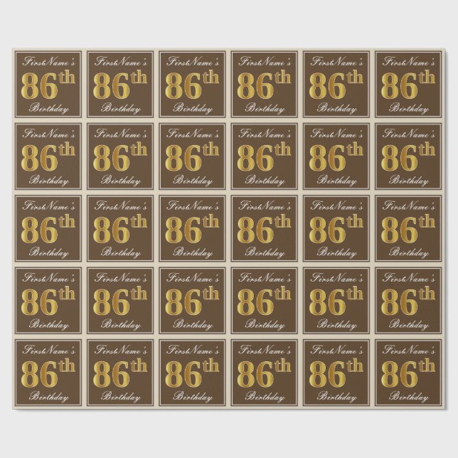 Elegant, Brown, Faux Gold 86th Birthday + Name Wrapping Paper (Flat)