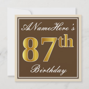Elegant, Brown, Faux Gold 87th Birthday + Name Invitation