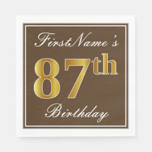 Elegant Brown, Faux Gold 87th Birthday + Name Napkin